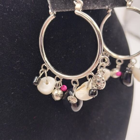 Catherines Silver Tone Saddle Hoop with Multicolor Beads Dangle Earrings Pierced - Picture 2 of 6